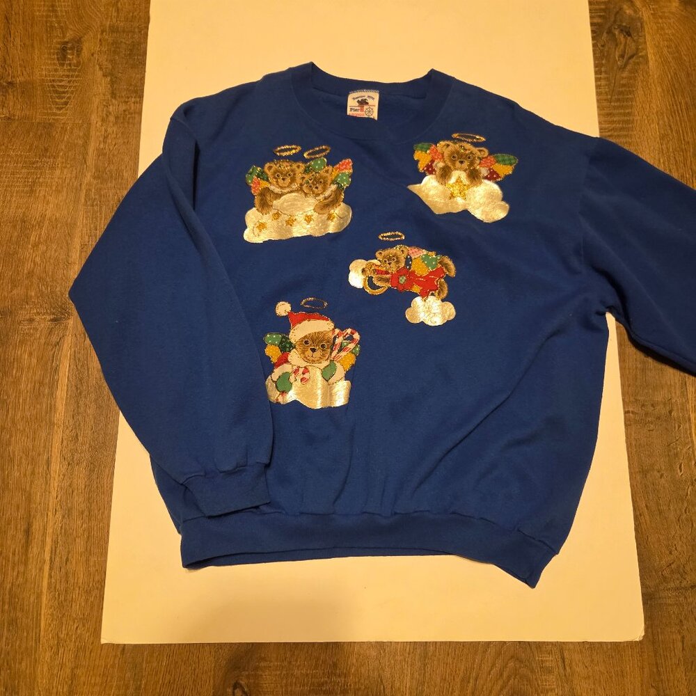 Tennessee River Pier 7 Fleecewear Blue Angelic Bear Christmas Sweatshirt - L